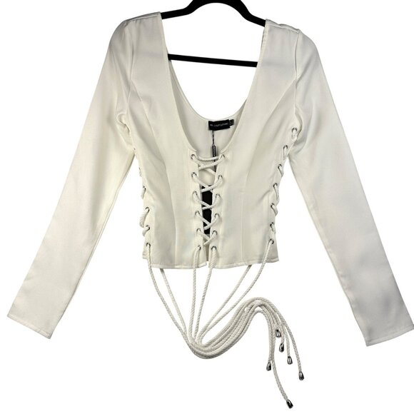 PLT WOMENS TOP SIZE 2 CREAM WOVEN LACE UP PLUNGE DETAIL LONG SLEEVE SEXY TOP NWT - Picture 3 of 12